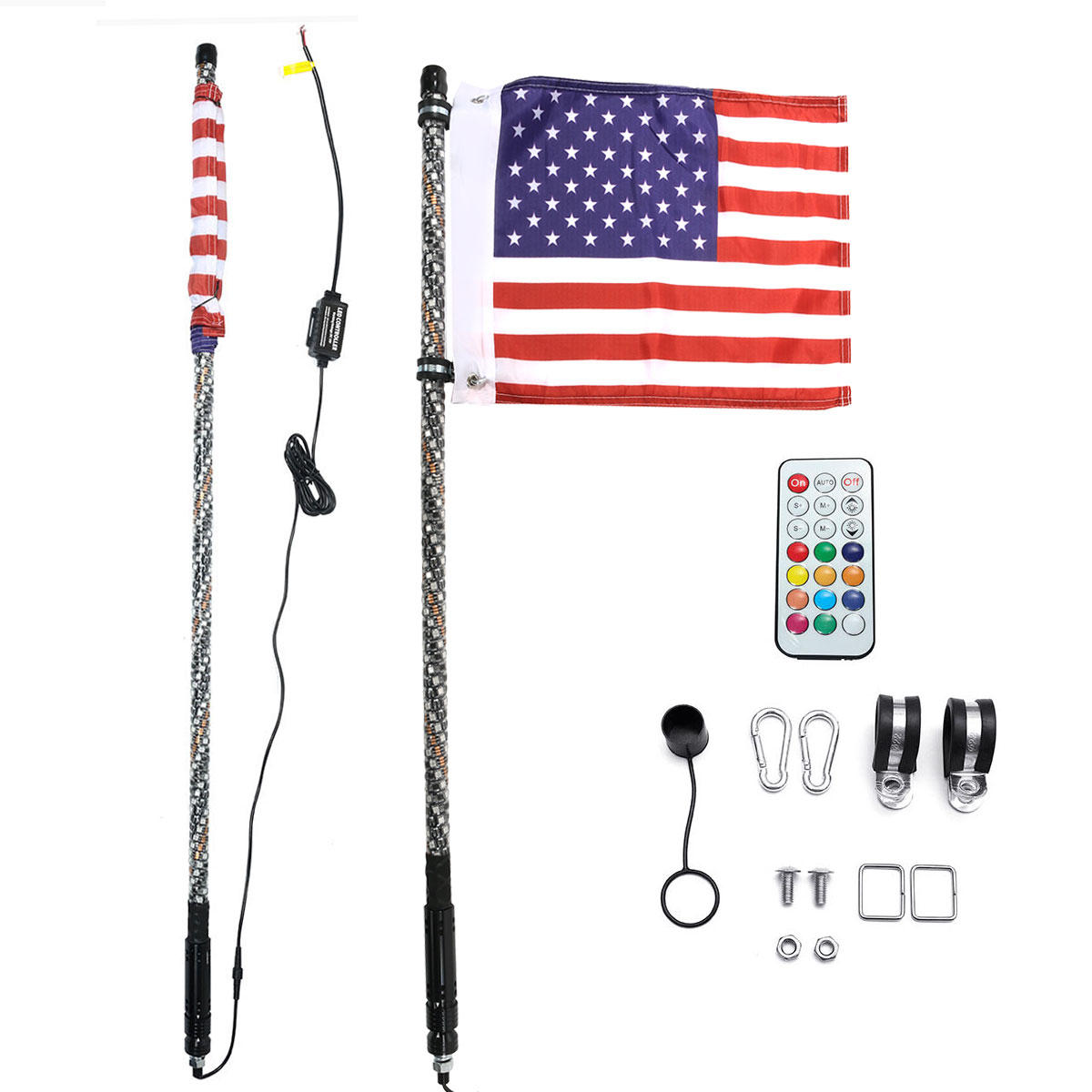 12V 3FT/4FT/5FT LED 4WD Strip RGB Color Whip America USA Flag Light With Remote Control For Jeep ATV UTV RZR Motorcycle