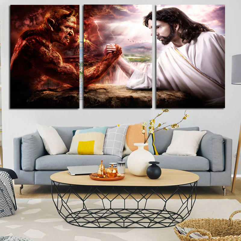 Miico Handgeschilderde decoratieve schilderijen met drie combinaties Satan en Jesus Wall Art voor hu