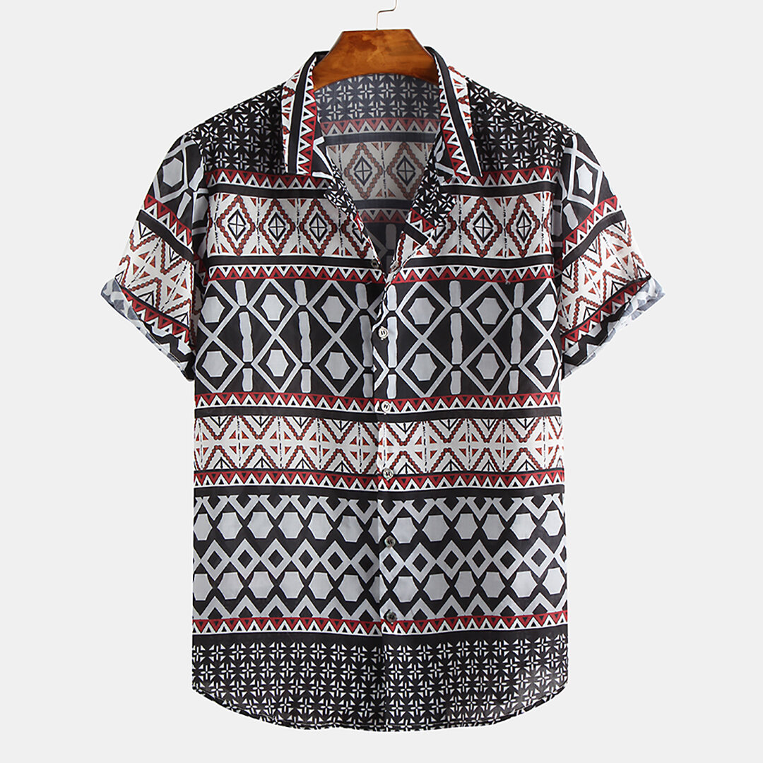 Men geometric printed ethnic style short sleeve lapel shirts Sale ...