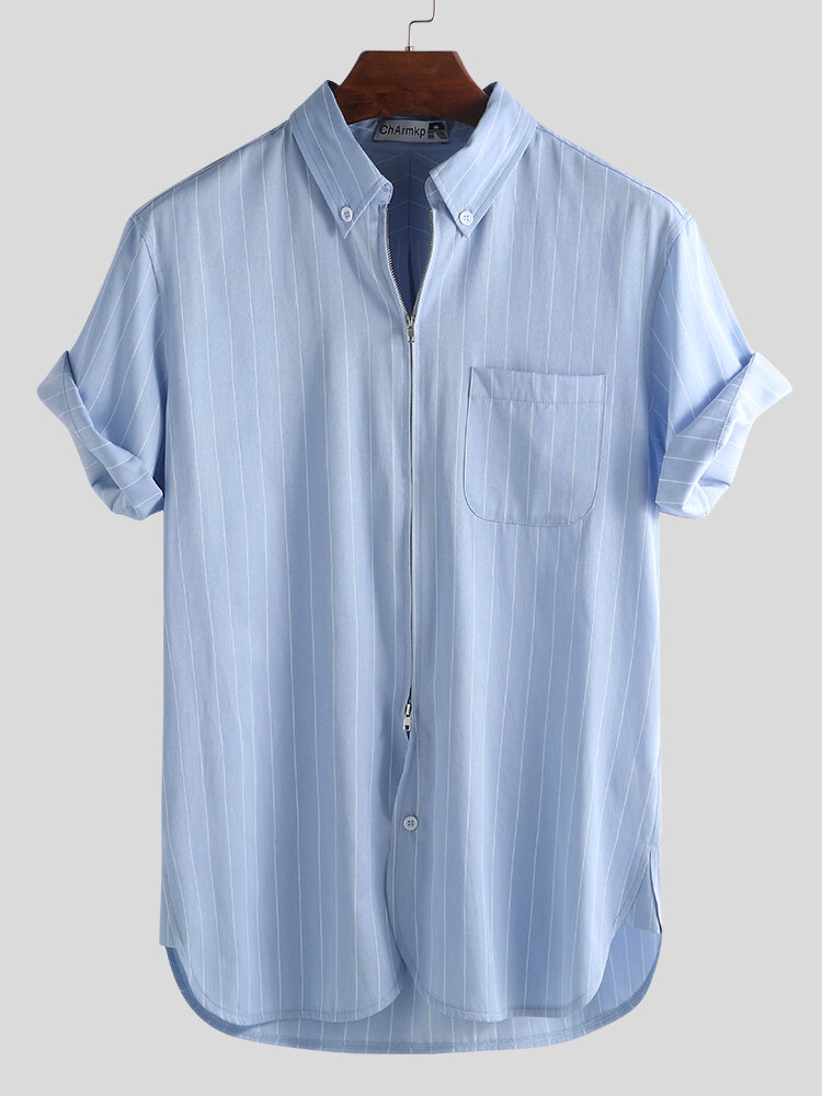 Charmkpr men stripe zipper single pocket short sleeve shirts Sale ...
