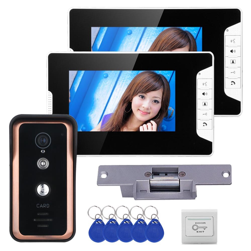 

ENNIO Wired 7 inch Video Door Phone Video Intercom Doorbell System 2 Monitor 1 RFID IR-CUT Camera + Electric Magnetic Lo