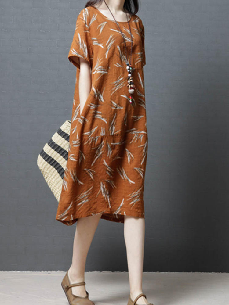 vintage women printed cotton short sleeve o-neck dress at Banggood