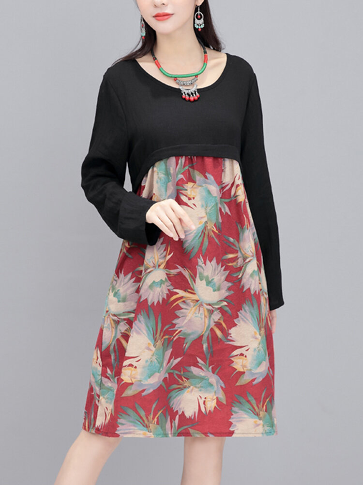 Elegant floral printed pacthwork o-neck long sleeve women dress Sale ...