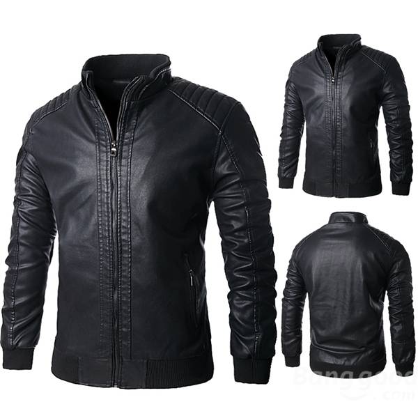 Motorcycle pu leather jacket mens black lining stand collar zipper warm ...