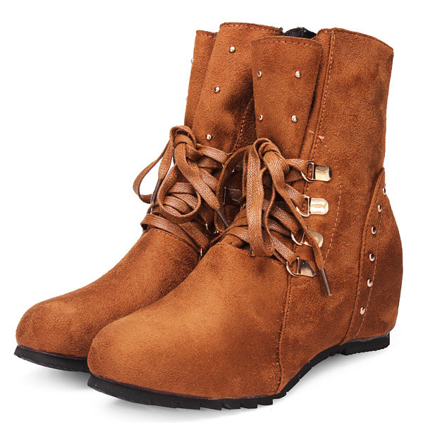 Women Faux Suede Height Increasing Lace Up Cowboy Ankle Boots - US$45. ...