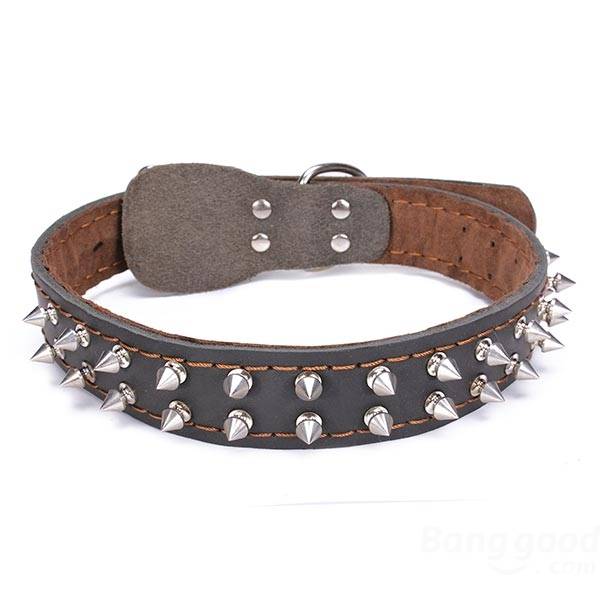 Two Row Silvery Spiked Studded Cowhide Leather For Pets Dogs