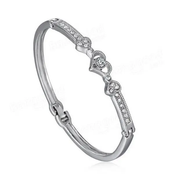 Elegant silver rhinestone crystal heart shaped bracelet bangle for women