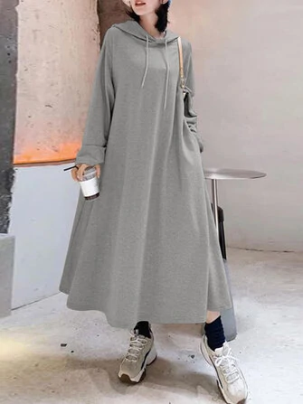 Women Solid Color Irregular Hem Casual Hooded Sweatshirt Maxi Dresses With Side Pocket