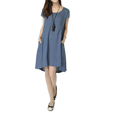 Casual slim pocket solid color linen cotton dress for women Sale ...