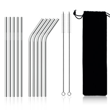 11Pcs Stainless Steel Metal Drinking Straw Reusable Straws+Cleaner Brush Kit+Bag