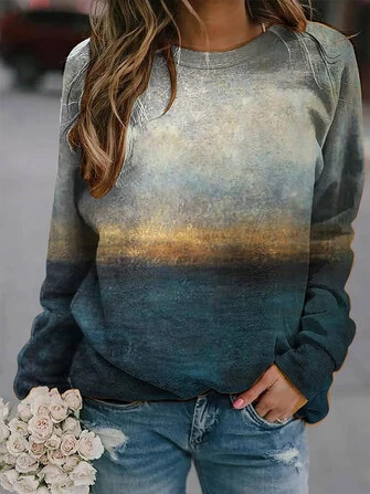 Landscape Prints Round Neck Long Sleeves Casual T-shirts For Women