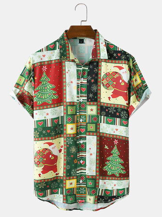 Men Christmas Ethnic Contrast Santa Pattern Button Short Sleeve Casual Shirts