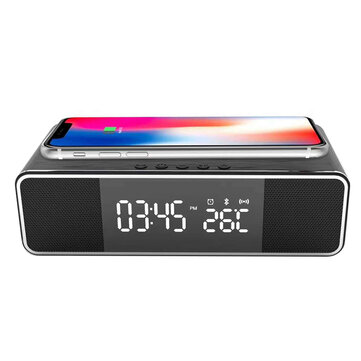 Wireless bluetooth Alarm Clock Phone Charger FM Radio Table Digital Thermometer With Alarm Clock Display Desktop Clock for Home Decor - Black