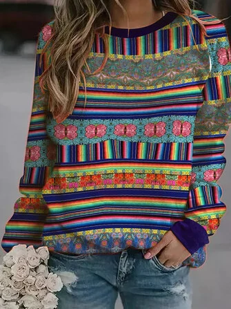 Women Ethnic Style Vintage Floral Print Pullover Long Sleeve Sweatshirts