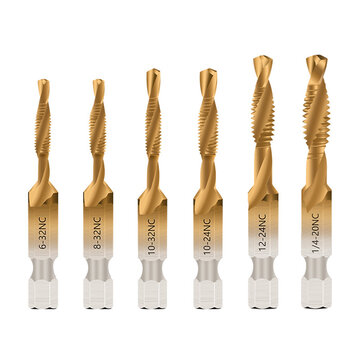 6pcs Hex Shank Spiral Flute HSS Combination Screw Tap Drill Bit Imperial Units 6-32NC to 1/4-20NC Threading Tool