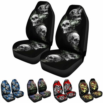 LL·Shawn 2PCS Golden Metal Skull Seat Covers for Cars Full Cushion Scratch-Proof Front Seat Cover with Elasticity Stretched to fit Most Cars 