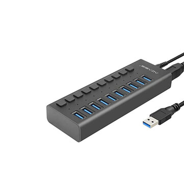 USB 3.0 Hub Super Speed Splitter.10 Port USB Data Hub with Power Adapter.Individual On/Off Switches and Lights for Laptop. PC. Computer. Mobile HDD. Flash Dr (10 Ports Black - Black
