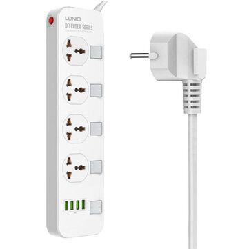 LDNIO 2500W Power Strip 4 Universal Outlets 4 USB Charger Ports Surge Protector EU Plug Input For Home and Office