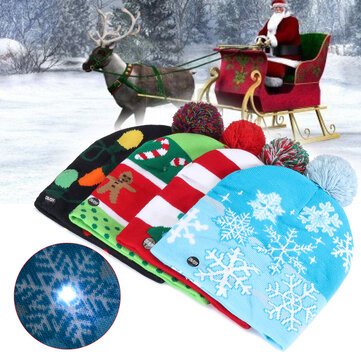 Christmas LED Light Winter Beanie Cap Santa Claus Snowflake Knitted Hat Decor
