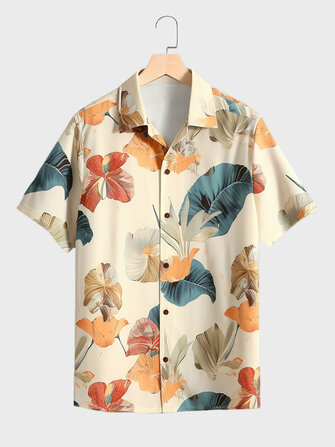 Mens Allover Tropical Plant Print Hawaiian Vacation Short Sleeve Shirts