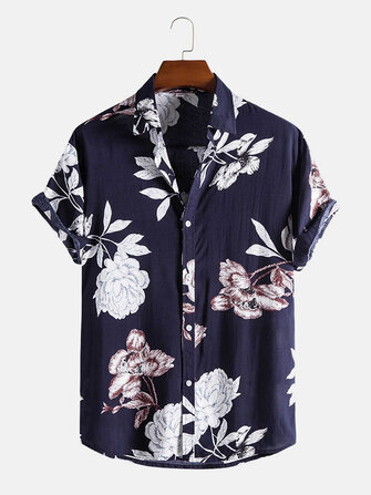 T-shirts - Mens Holiday Cotton Flower Printed Button Up Shirts (SIZE: M ...