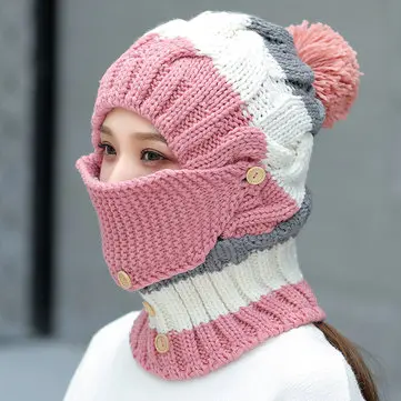 Women Winter Windproof Warm Plus Velvet Knit Hat Scarf Set with Face Mask Thicken Ski Earmuffs Cap