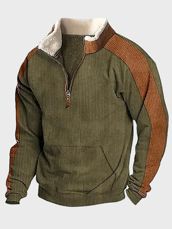 Mens Side Stripe Patchwork Half Zip Corduroy Pullover Sweatshirts