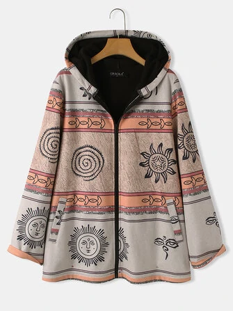 Women Celestial Print Zip Up Ethnic Style Hooded Coats With Pocket
