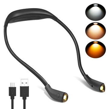 AMBOTHER USB Rechargeable Black Neck Lamp 3 Color Temperature Battery Powered Stepless Dimming Reading Light