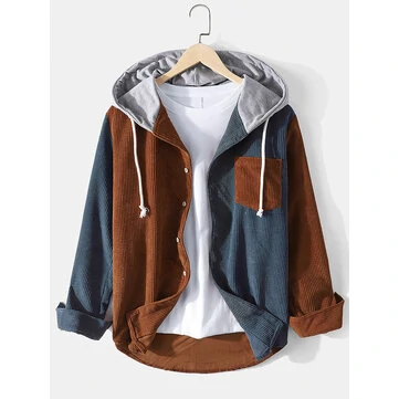 Mens Contrast Patchwork Corduroy Long Sleeve Drawstring Hooded Shirts With Pocket