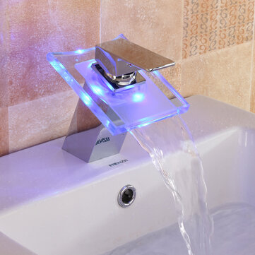 Chrome Colour LED Changing Waterfall Bathroom Basin Sink Mixer Tap Glass Faucet