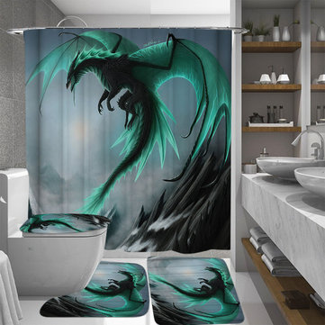 4PCS/Set Dragon Bathroom Shower Curtain Toilet Rug Cover Anti-slip Bath Mat 