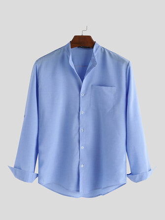 Men's long sleeve shirts collarless blouse top casual loose button down ...