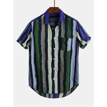 Men cotton vertical stripe button down short sleeve shirts Sale ...