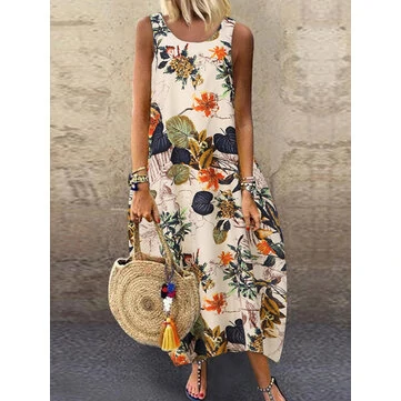 Sleeveless O-neck Loose Causal Floral Print Maxi Dress