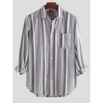 Men Cotton Colorful Vertical Stripe Long Sleeve Shirts