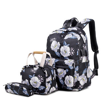3 in 1 Laptop Bag Multifunction Backpack For Women Flower School-Bag Travel-Bag Nylon Water Resistant Casual Daypack