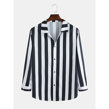 Mens Fashion Black White Stripe Long Sleeve Autumn Shirts - US$31.99