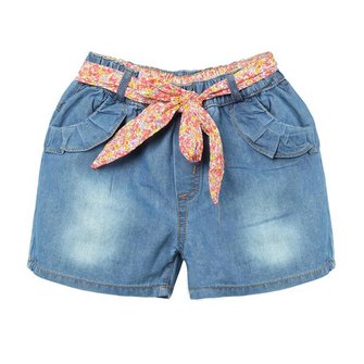 Girl Denim Shorts Children Jeans Pants With Flower Belt